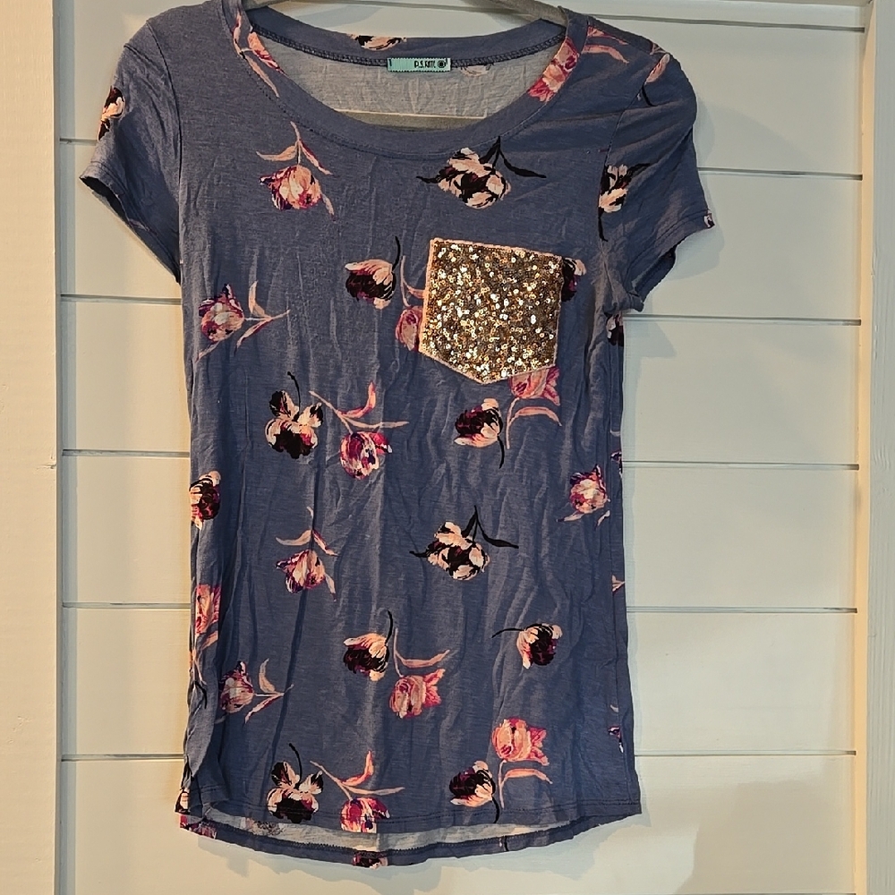 Floral Blue T-Shirt with Sequin Pocket